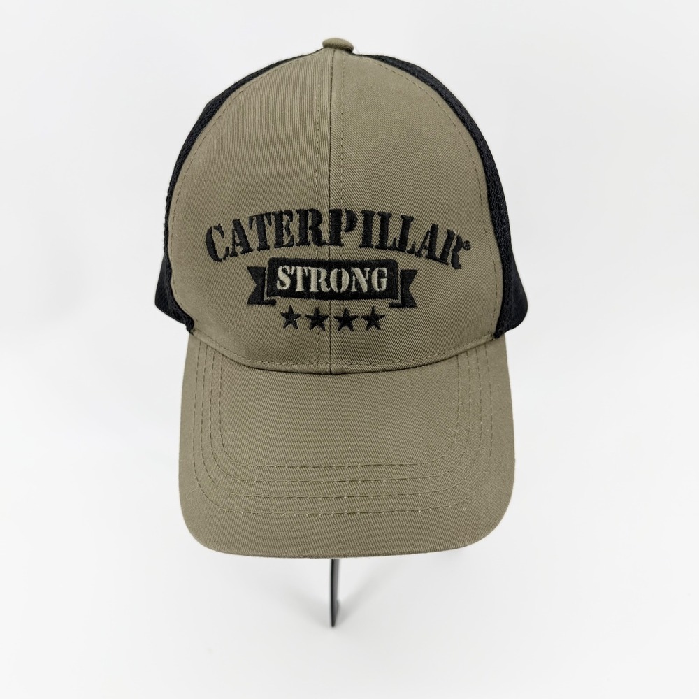 Caterpillar OSFM Strong Trucker Hat Green Black Mesh Stretch Fit Elastic Cap